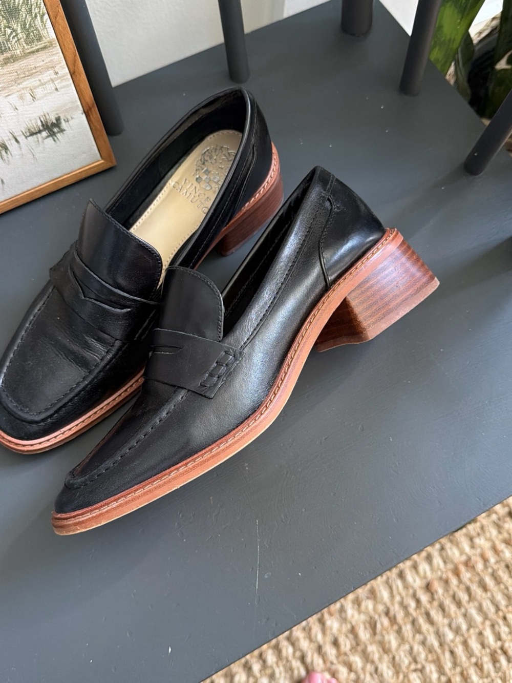 Vince Camuto Black Leather Penny Loafers with Brown Stacked Heel - Picture 2 of 4